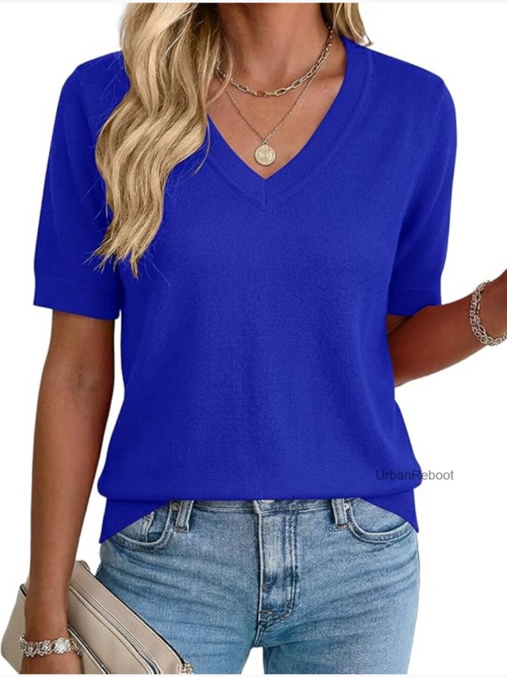 Short Sleeve V Neck Knit Pullover Lightweight Summer Top
